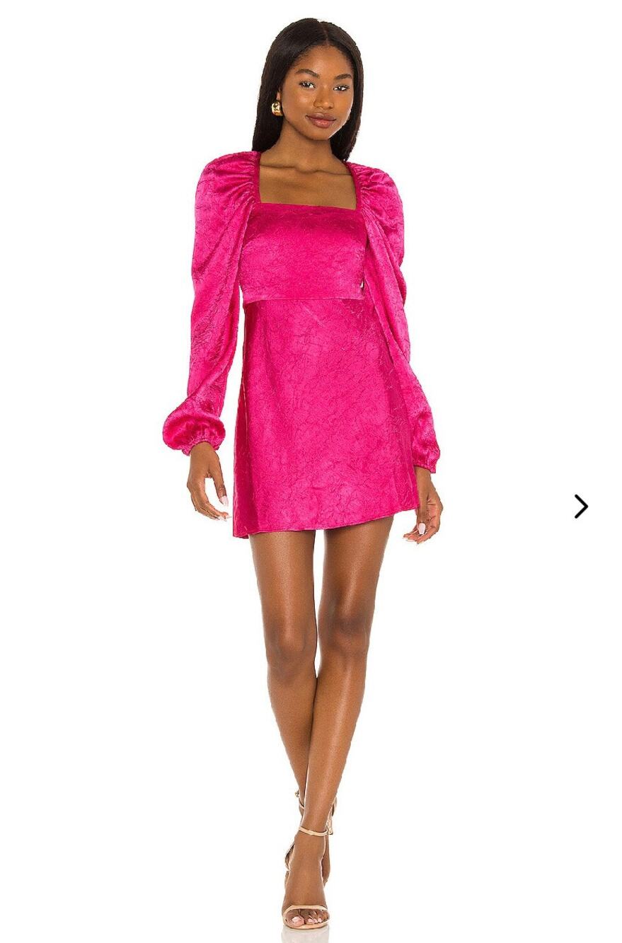 Lovers & Friends Azusa Mini Dress Square Neck Puff Sleeve Hot Berry Pink EUC S